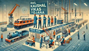 A modern digital illustration showcasing Rail Kaushal Vikas Yojana