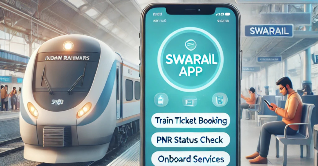 A modern mobile app interface showcasing Indian Railways new SwaRail app