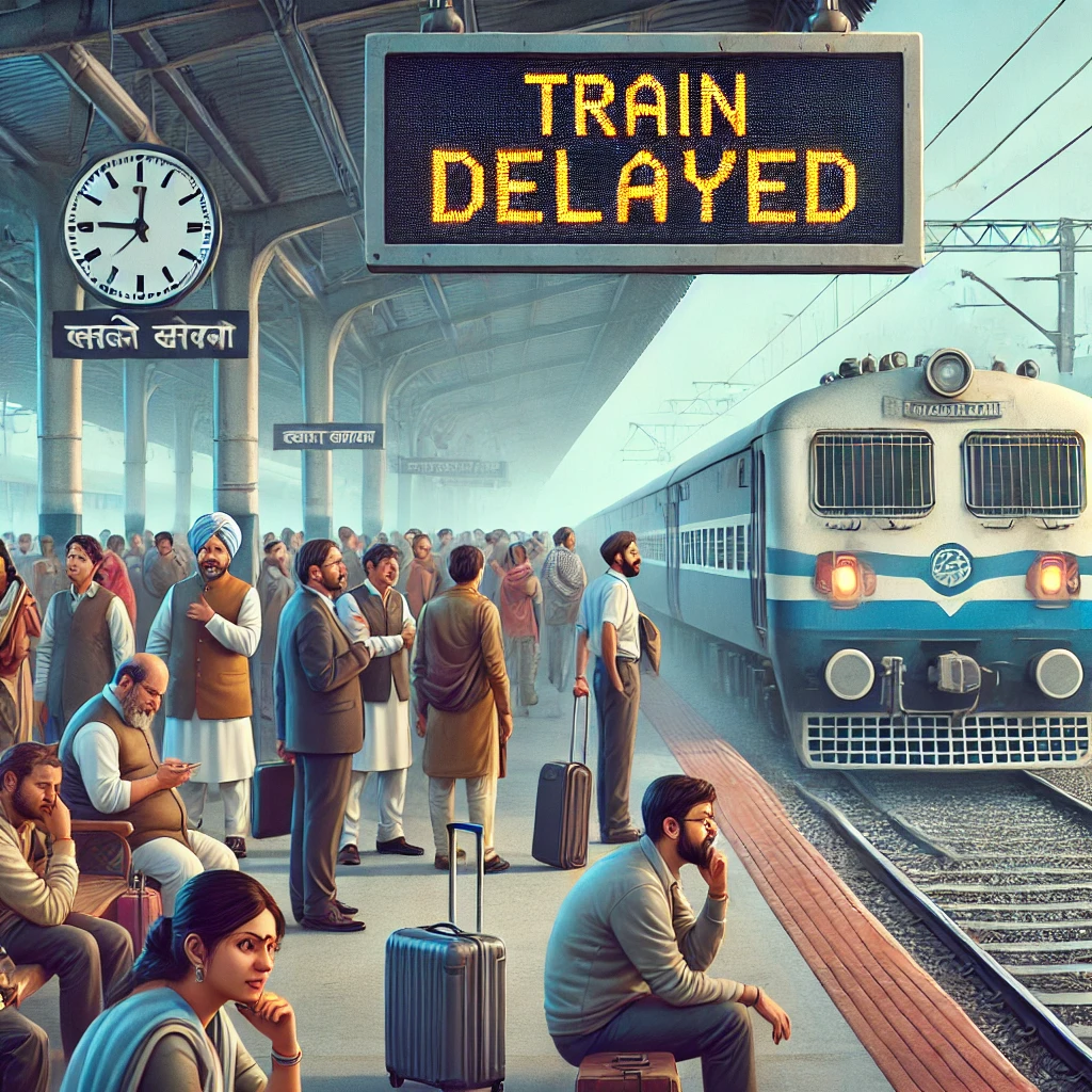 A realistic illustration of a delayed train at an Indian railway station