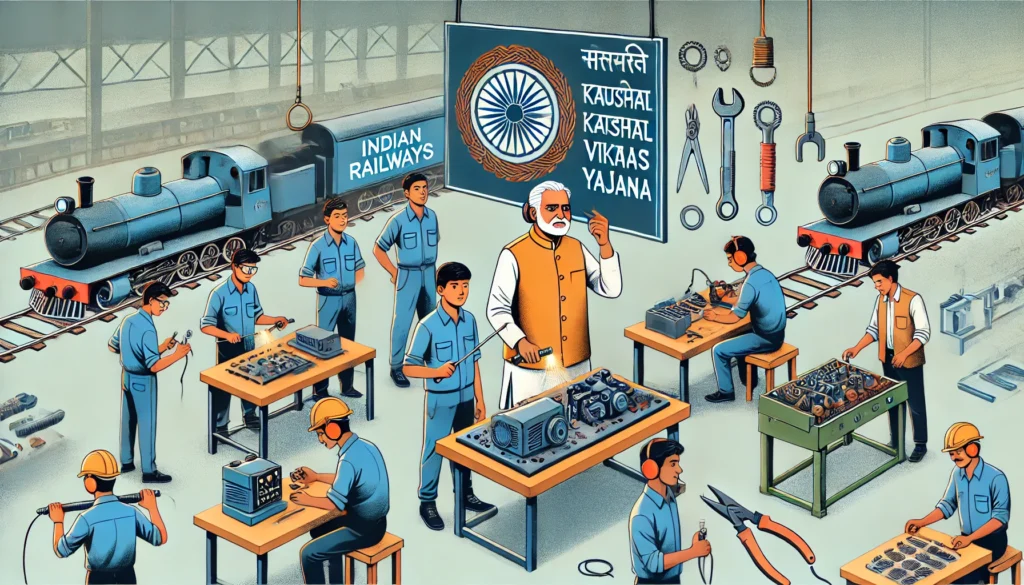 An informative digital illustration of the Rail Kaushal Vikas Yojana, an Indian Railways skill development initiative.